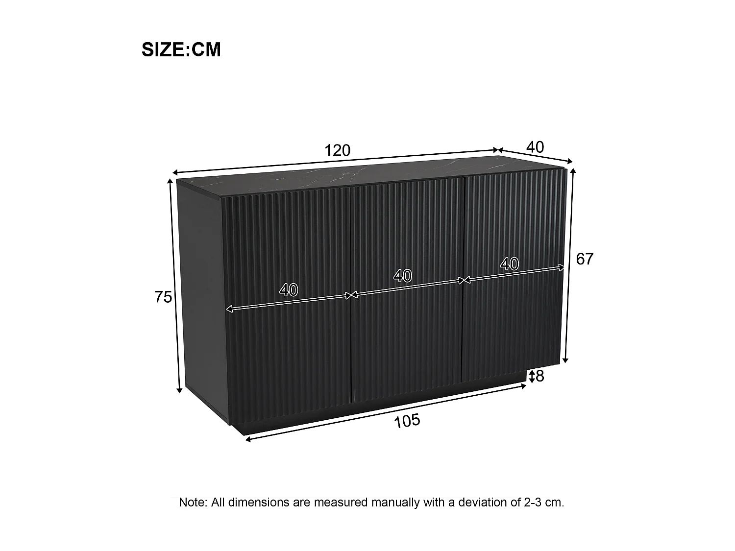 Buffet bas avec 3 portes - 120 x 70 x 75 cm - LEDs - Plateau en effet marbre - Bois MDF - Noir