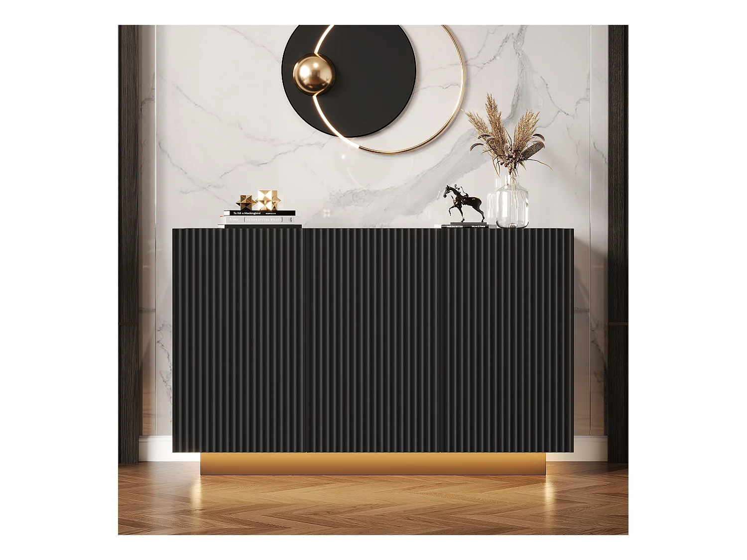 Buffet bas avec 3 portes - 120 x 70 x 75 cm - LEDs - Plateau en effet marbre - Bois MDF - Noir