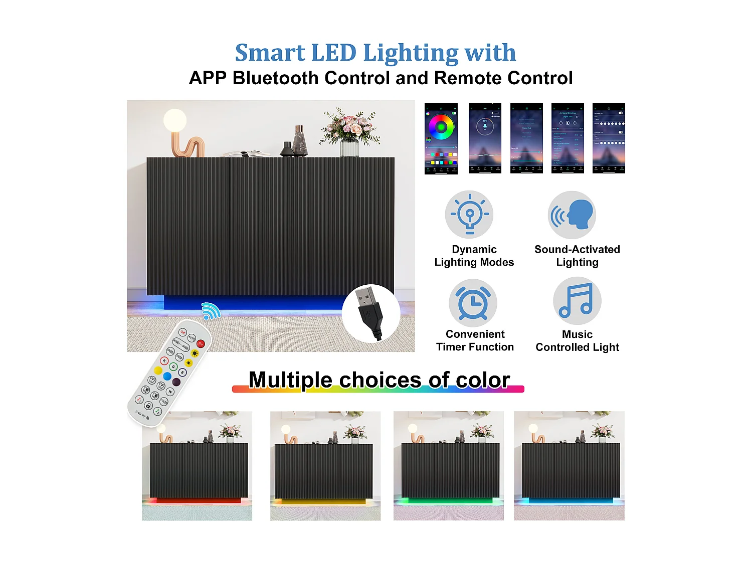 Lage dressoir met 3 deuren - 120 x 70 x 75 cm - LED's - Marmerlook blad - MDF hout - Zwart