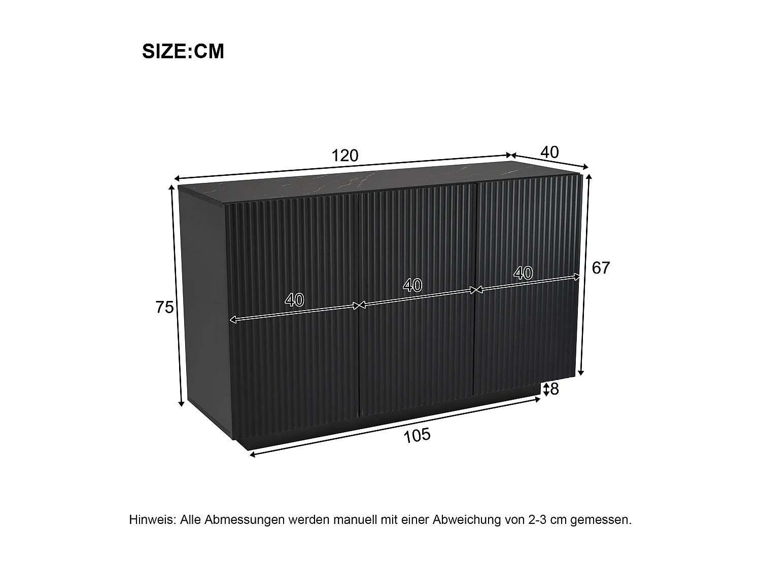 Lage dressoir met 3 deuren - 120 x 70 x 75 cm - LED's - Marmerlook blad - MDF hout - Zwart