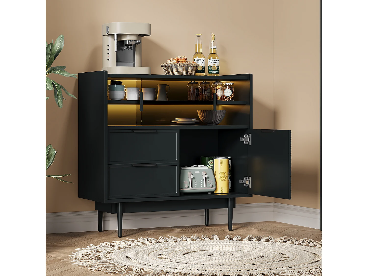 Buffet, vitrine avec 2 tiroirs, 1 porte en bois et 2 portes coulissantes en verre - 80 x 35 x 80 cm - Bois MDF - Noir