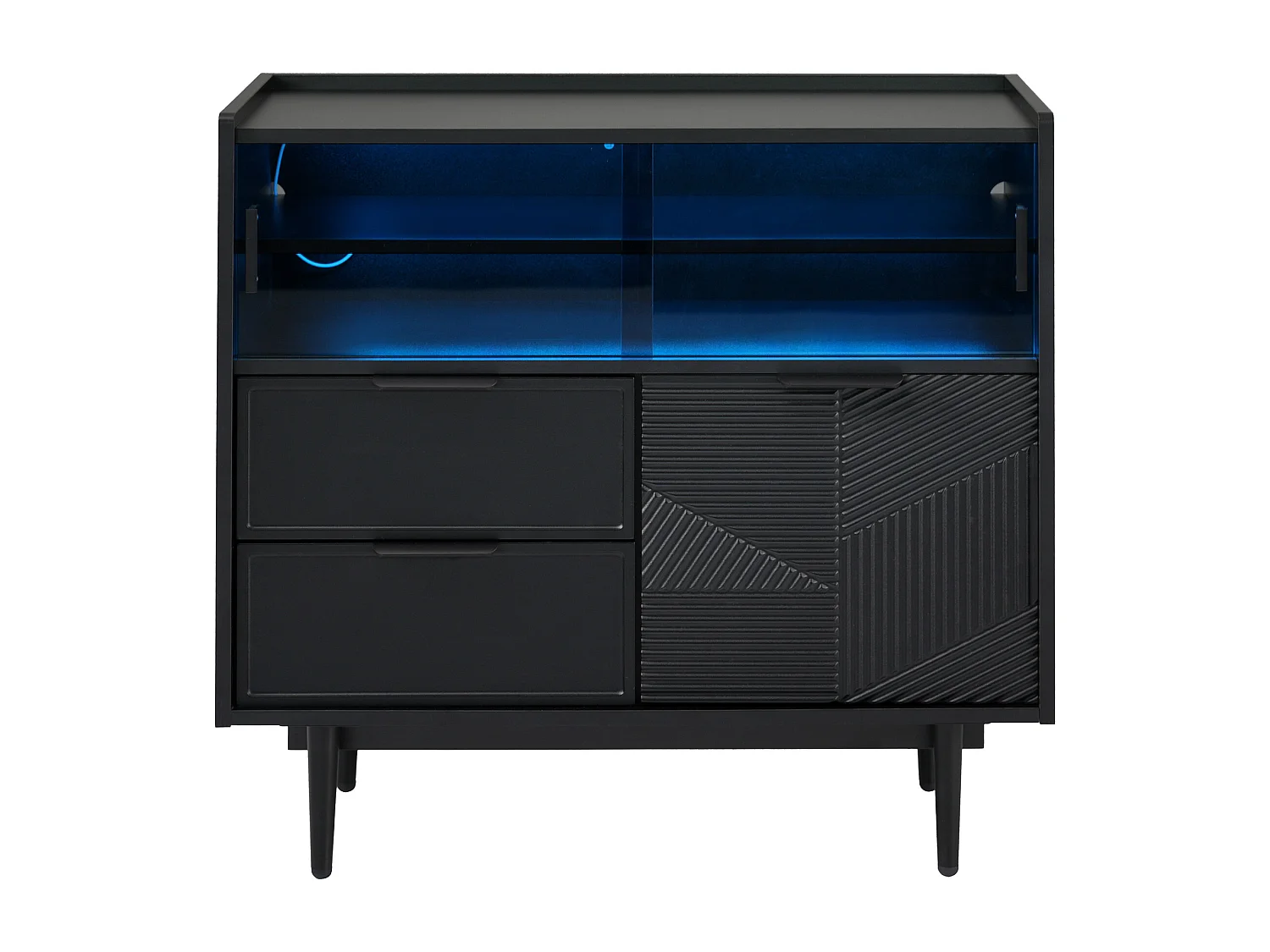 Credenza, vetrina con 2 cassetti, 1 anta in legno e 2 ante scorrevoli in vetro - 80 x 35 x 80 cm - Legno MDF - Nero