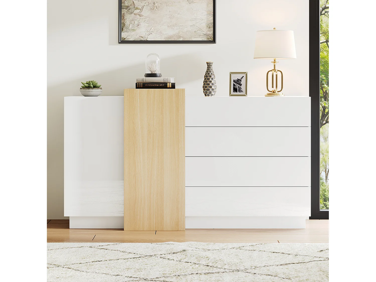 Komoda z 3 szufladami i 4 drzwiami - 160 x 37 x 75 cm - Drewno MDF - Połysk biały i kolor drewna