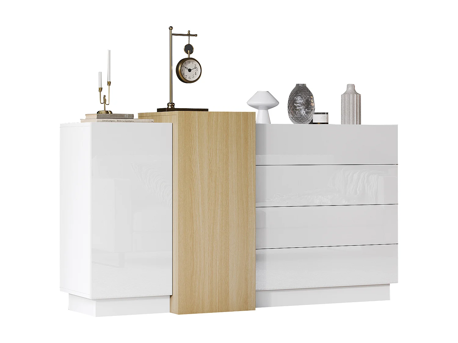 Komoda z 3 szufladami i 4 drzwiami - 160 x 37 x 75 cm - Drewno MDF - Połysk biały i kolor drewna