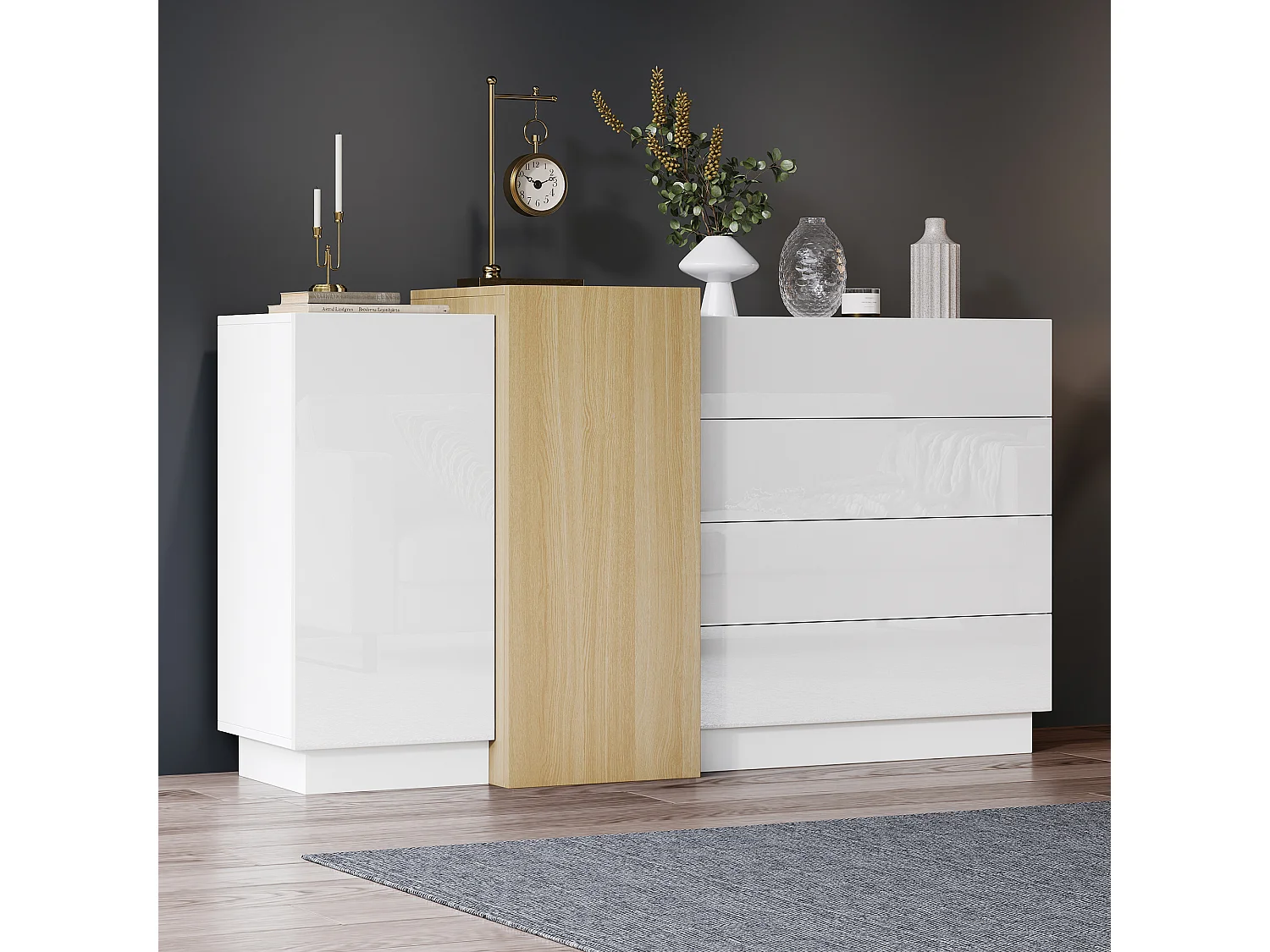 Komoda z 3 szufladami i 4 drzwiami - 160 x 37 x 75 cm - Drewno MDF - Połysk biały i kolor drewna