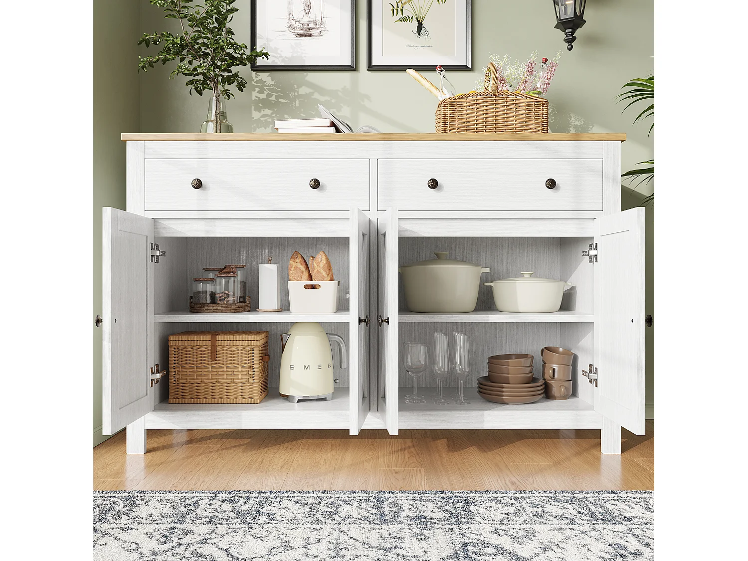 Credenza moderna 140 x 35 x 72,5 cm - 2 ante, 3 cassetti, finitura lucida con LED - Senza