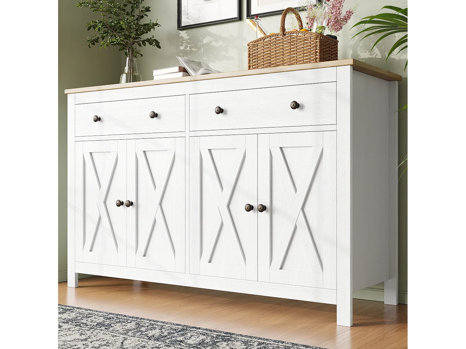 Credenza Buffet 140 Cm In Legno Bianco, Mobile Bar Con 2 Cassetti E 4 Ante In Stile Fattoria, Per Cucina E Soggiorno - 2