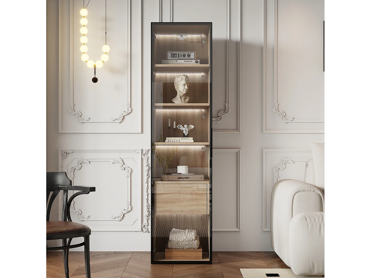 Vetrina, credenza alta con 1 anta in vetro e 1 cassetto interno - 40 X 34,5 X 165 cm - Legno MDF - Naturale