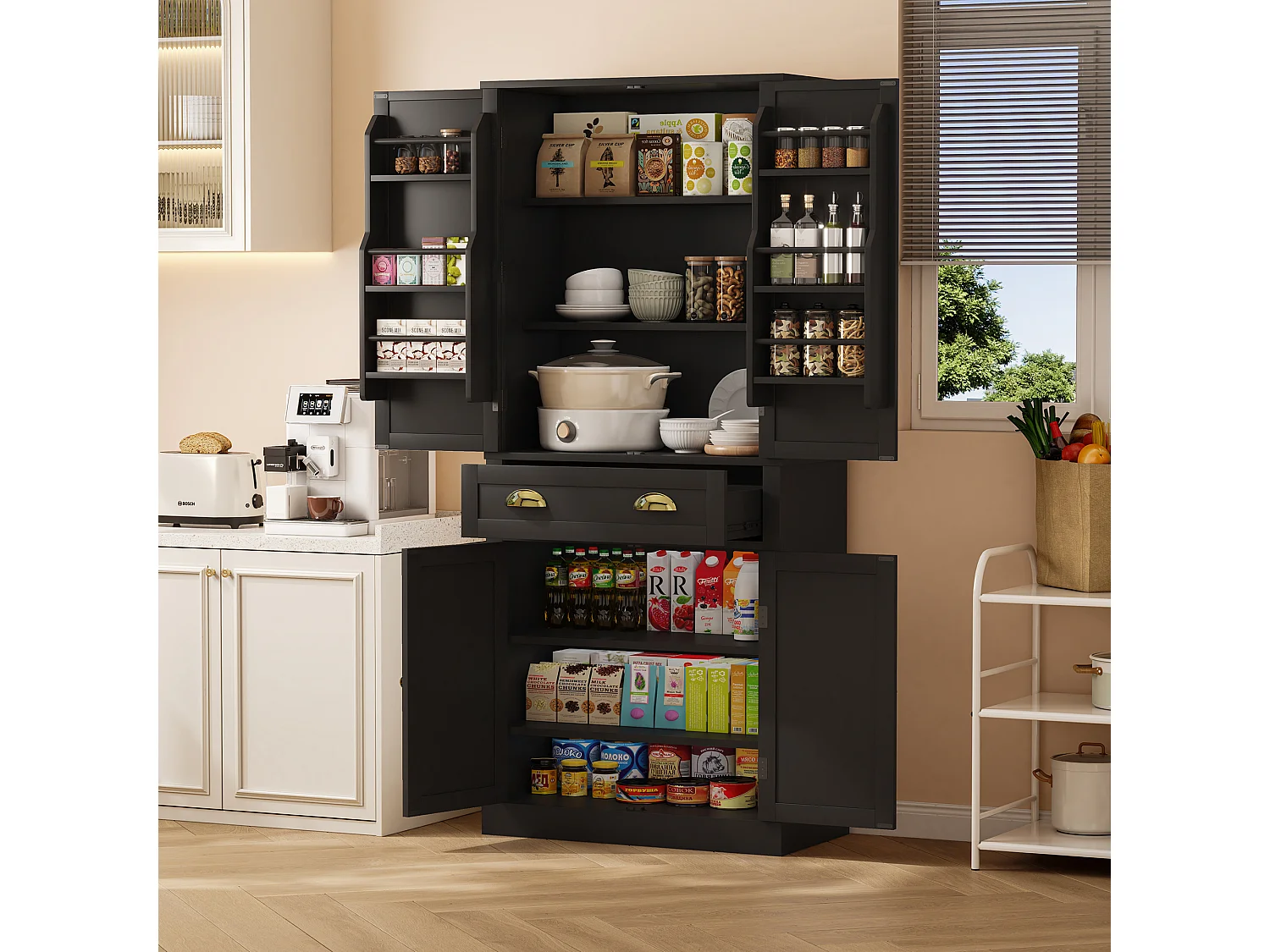 Komoda kuchenna z 4 drzwiami i 1 szufladą - 80 x 40 x 182 cm - regulowane półki - drewno MDF - czarny