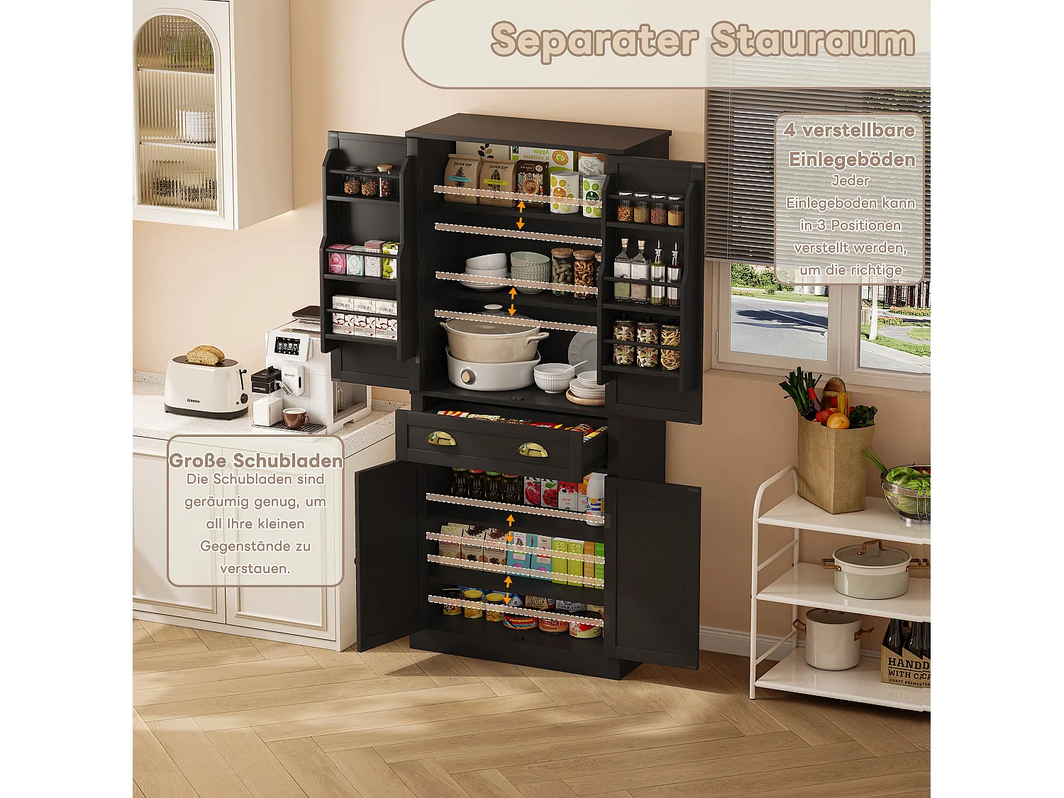 Komoda kuchenna z 4 drzwiami i 1 szufladą - 80 x 40 x 182 cm - regulowane półki - drewno MDF - czarny