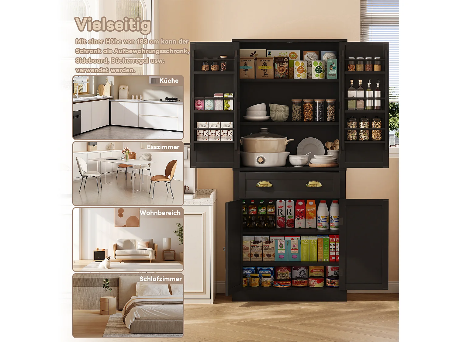 Komoda kuchenna z 4 drzwiami i 1 szufladą - 80 x 40 x 182 cm - regulowane półki - drewno MDF - czarny