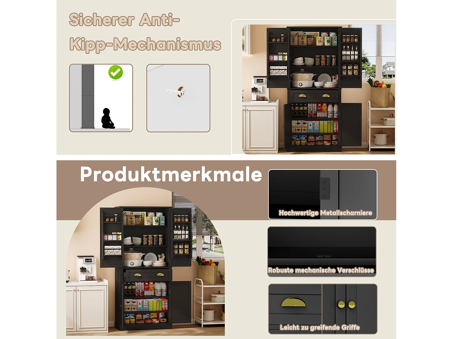 Küchen-Sideboard mit 4 Türen und 1 Schublade - 80 x 40 x 182 cm - verstellbare Regale - MDF-Holz - Schwarz