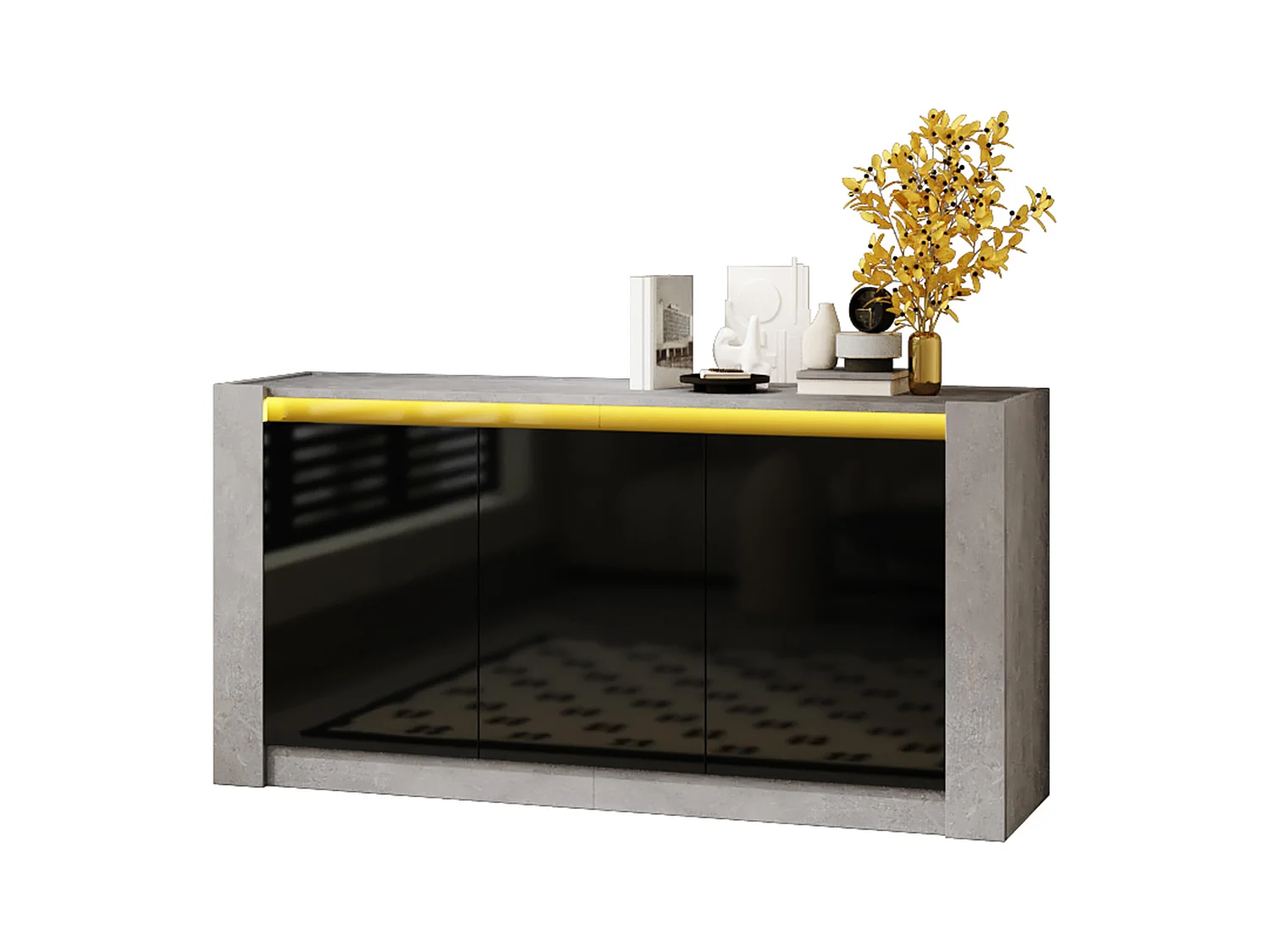 Buffet avec 3 portes à haute brillance - 150 x 40 x 75 cm - LEDs - Etagères réglables - Panneau de particules - Noir et gris