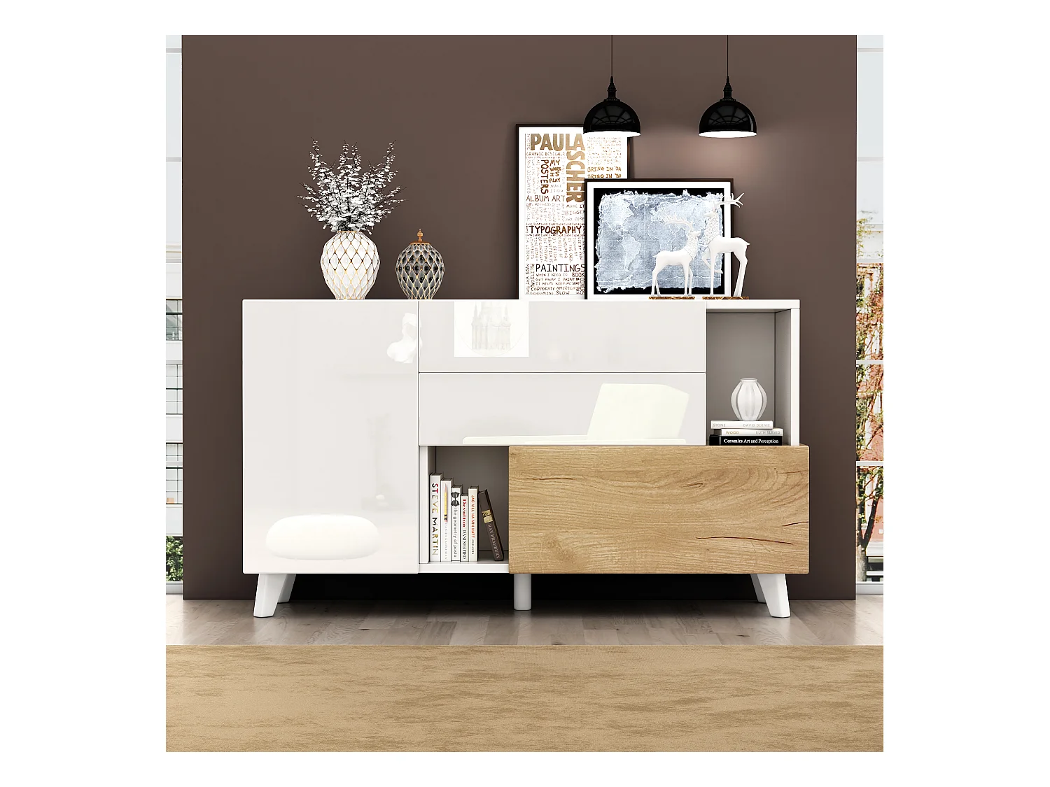 Buffet avec 2 portes et 2 tiroirs - 120 x 40 x 75 cm - Panneau de particules - Blanc brillant + Chêne clair