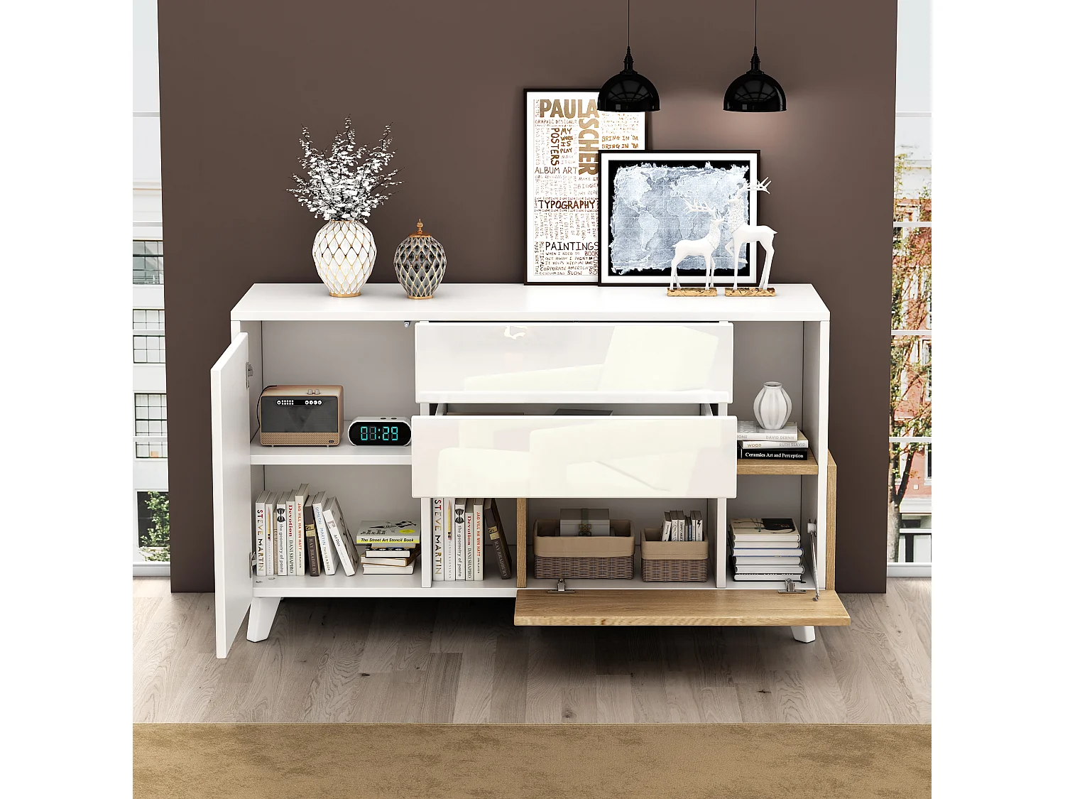 Buffet avec 2 portes et 2 tiroirs - 120 x 40 x 75 cm - Panneau de particules - Blanc brillant + Chêne clair