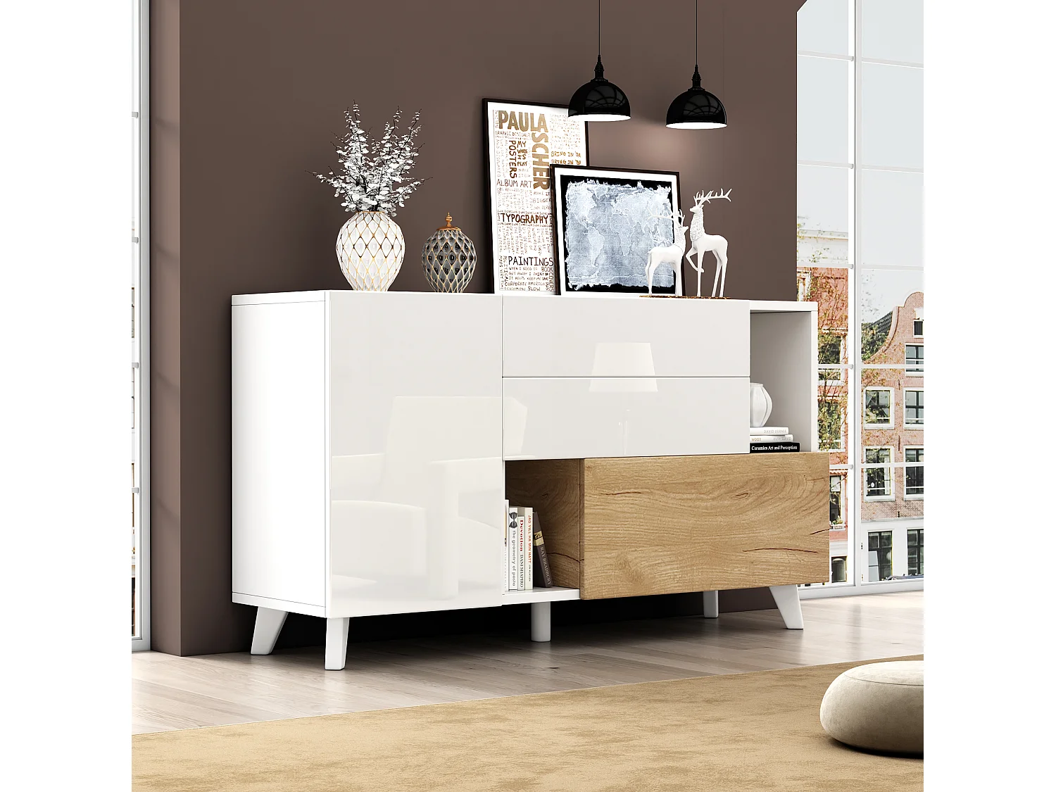 Buffet avec 2 portes et 2 tiroirs - 120 x 40 x 75 cm - Panneau de particules - Blanc brillant + Chêne clair