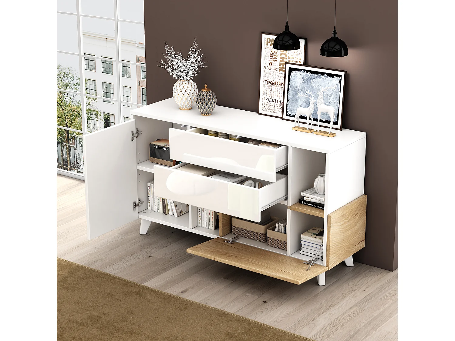 Buffet avec 2 portes et 2 tiroirs - 120 x 40 x 75 cm - Panneau de particules - Blanc brillant + Chêne clair