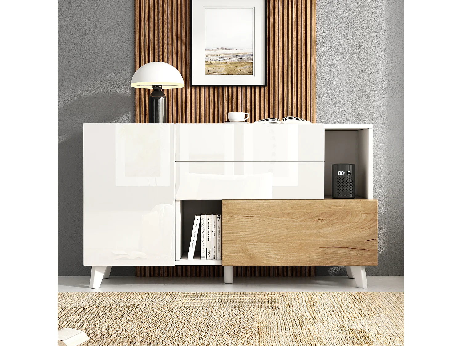 Buffet avec 2 portes et 2 tiroirs - 120 x 40 x 75 cm - Panneau de particules - Blanc brillant + Chêne clair