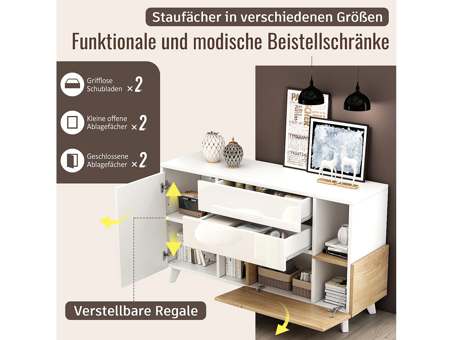 Buffet avec 2 portes et 2 tiroirs - 120 x 40 x 75 cm - Panneau de particules - Blanc brillant + Chêne clair