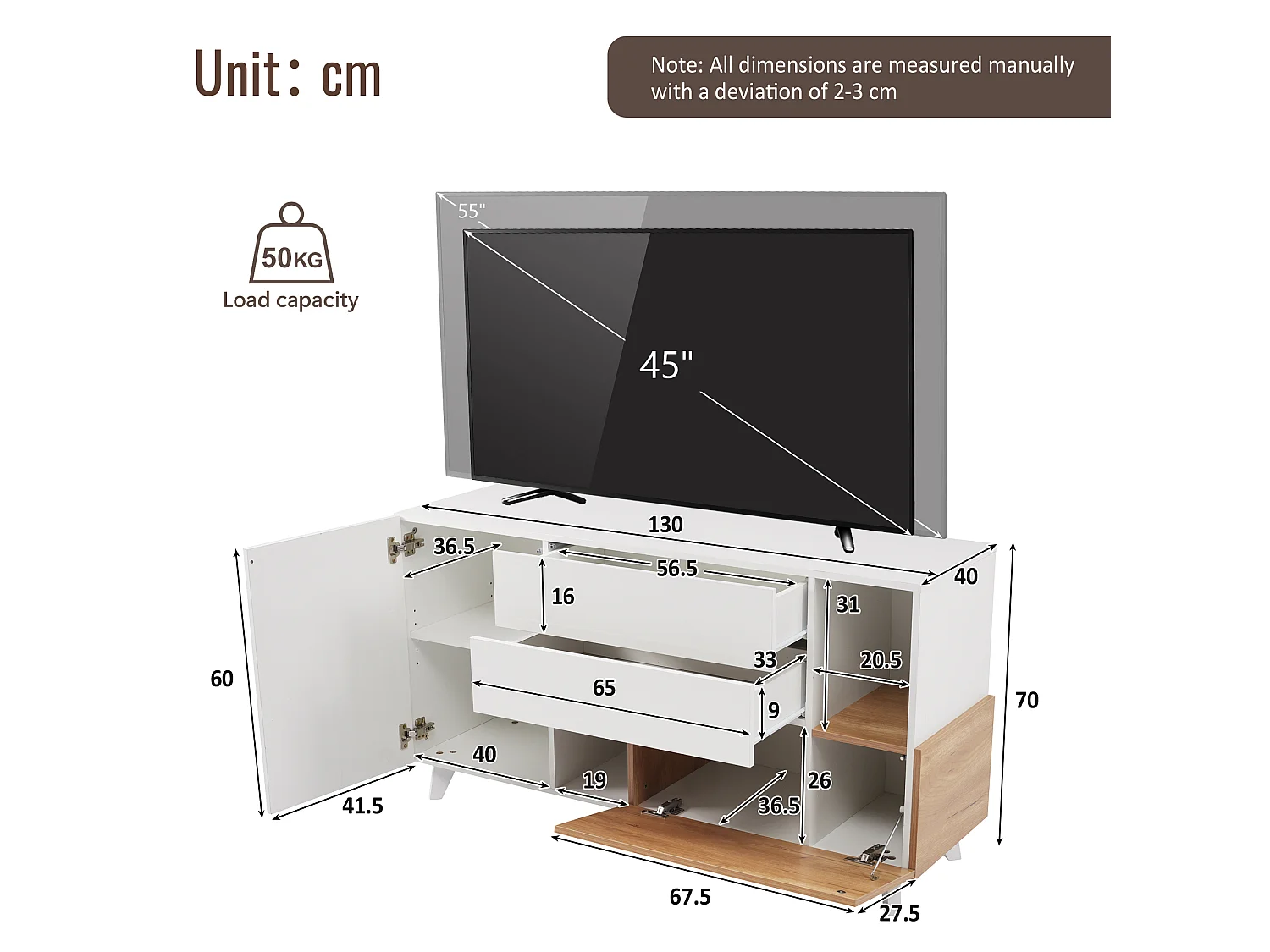 Buffet avec 2 portes et 2 tiroirs - 120 x 40 x 75 cm - Panneau de particules - Blanc brillant + Chêne clair