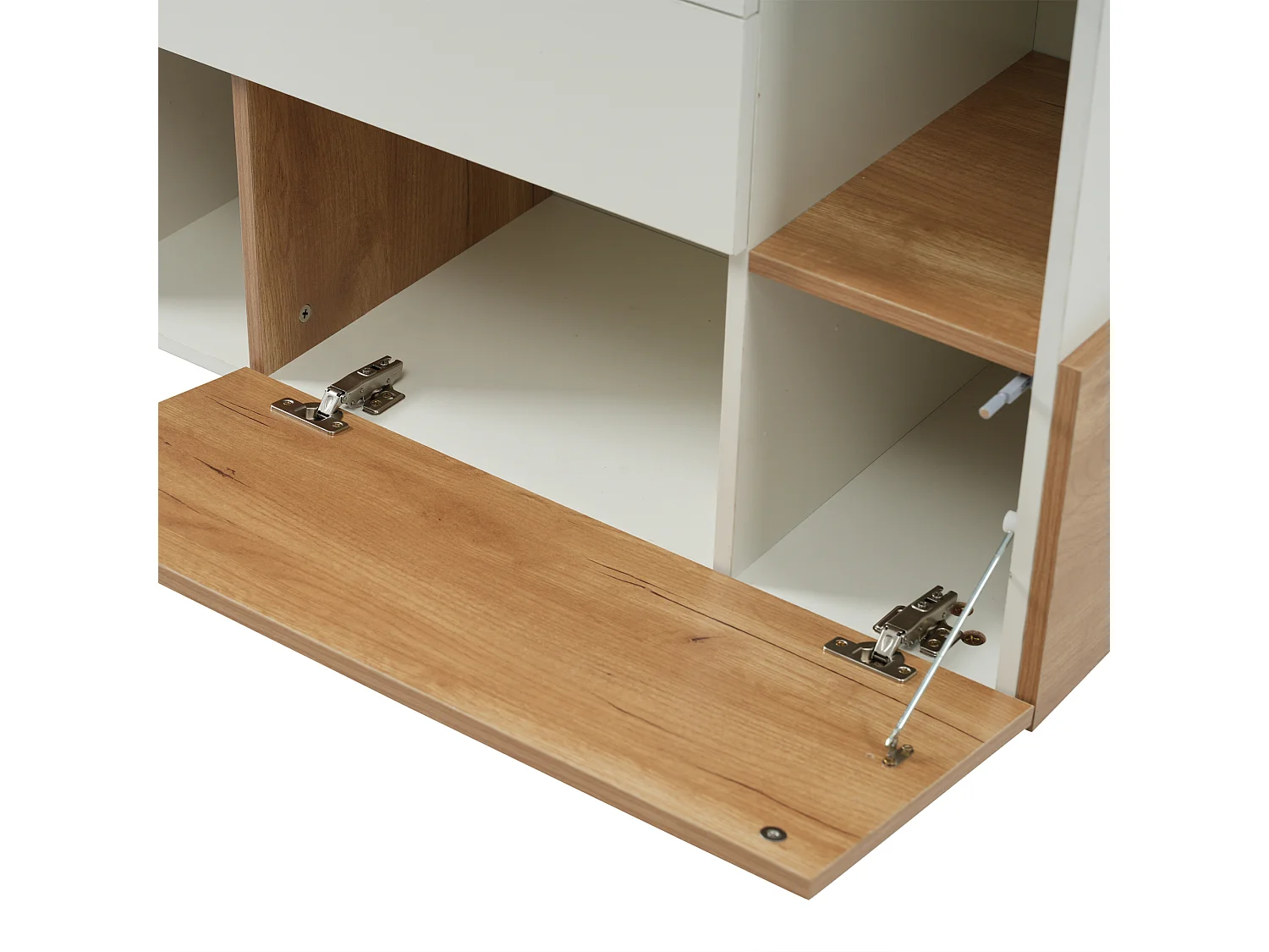 Buffet avec 2 portes et 2 tiroirs - 120 x 40 x 75 cm - Panneau de particules - Blanc brillant + Chêne clair