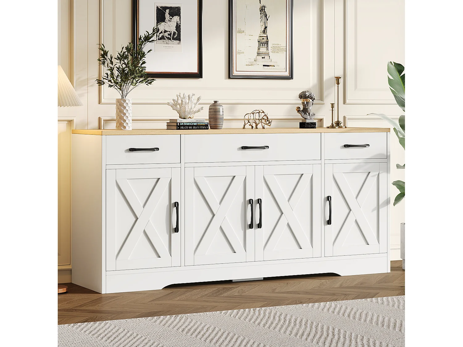 Buffet moderne avec 4 portes et 3 tiroirs -  160 x 37 x 75 cm - Bois MDF - Etagères réglables - Blanc et bois