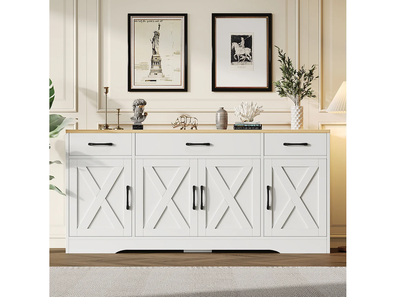Buffet moderne avec 4 portes et 3 tiroirs -  160 x 37 x 75 cm - Bois MDF - Etagères réglables - Blanc et bois