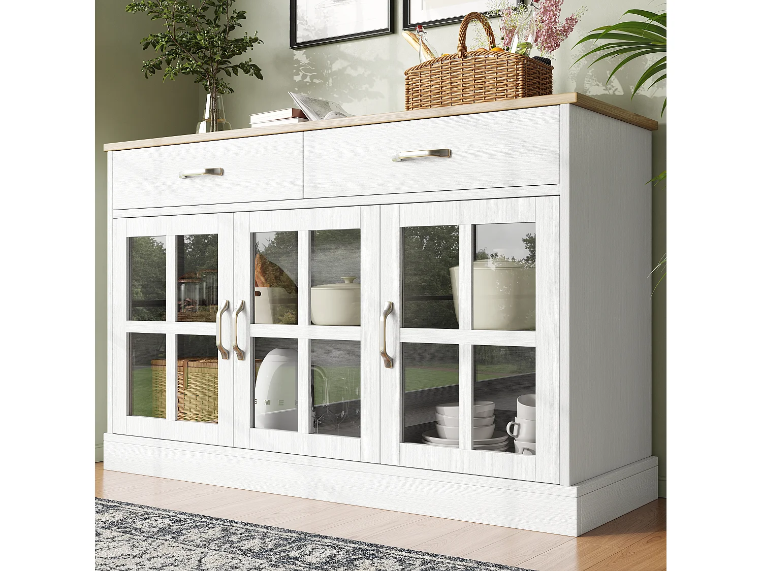 Buffet de cuisine avec 2 tiroirs et 3 portes en verre - 120 x 40 x 84 cm - Bois MDF - Blanc + naturel