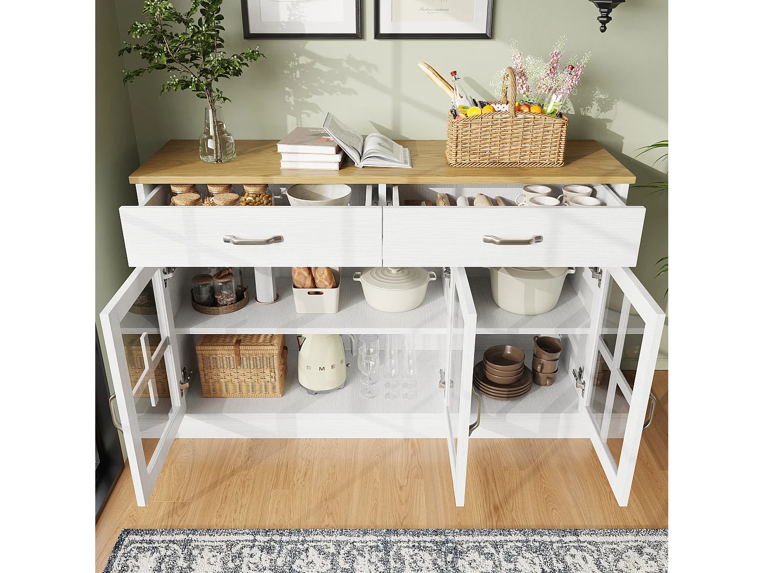 Buffet de cuisine avec 2 tiroirs et 3 portes en verre - 120 x 40 x 84 cm - Bois MDF - Blanc + naturel