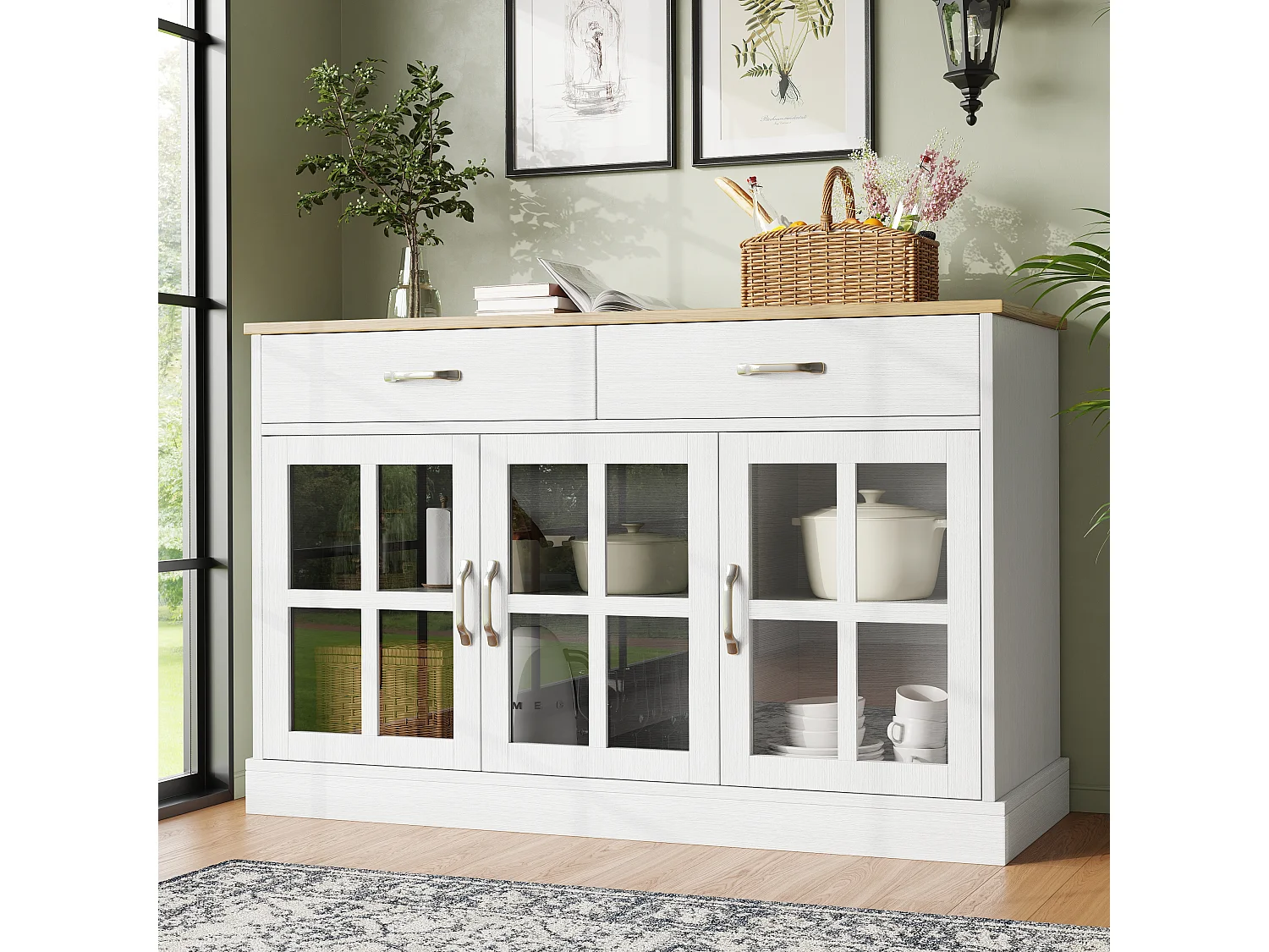 Buffet de cuisine avec 2 tiroirs et 3 portes en verre - 120 x 40 x 84 cm - Bois MDF - Blanc + naturel