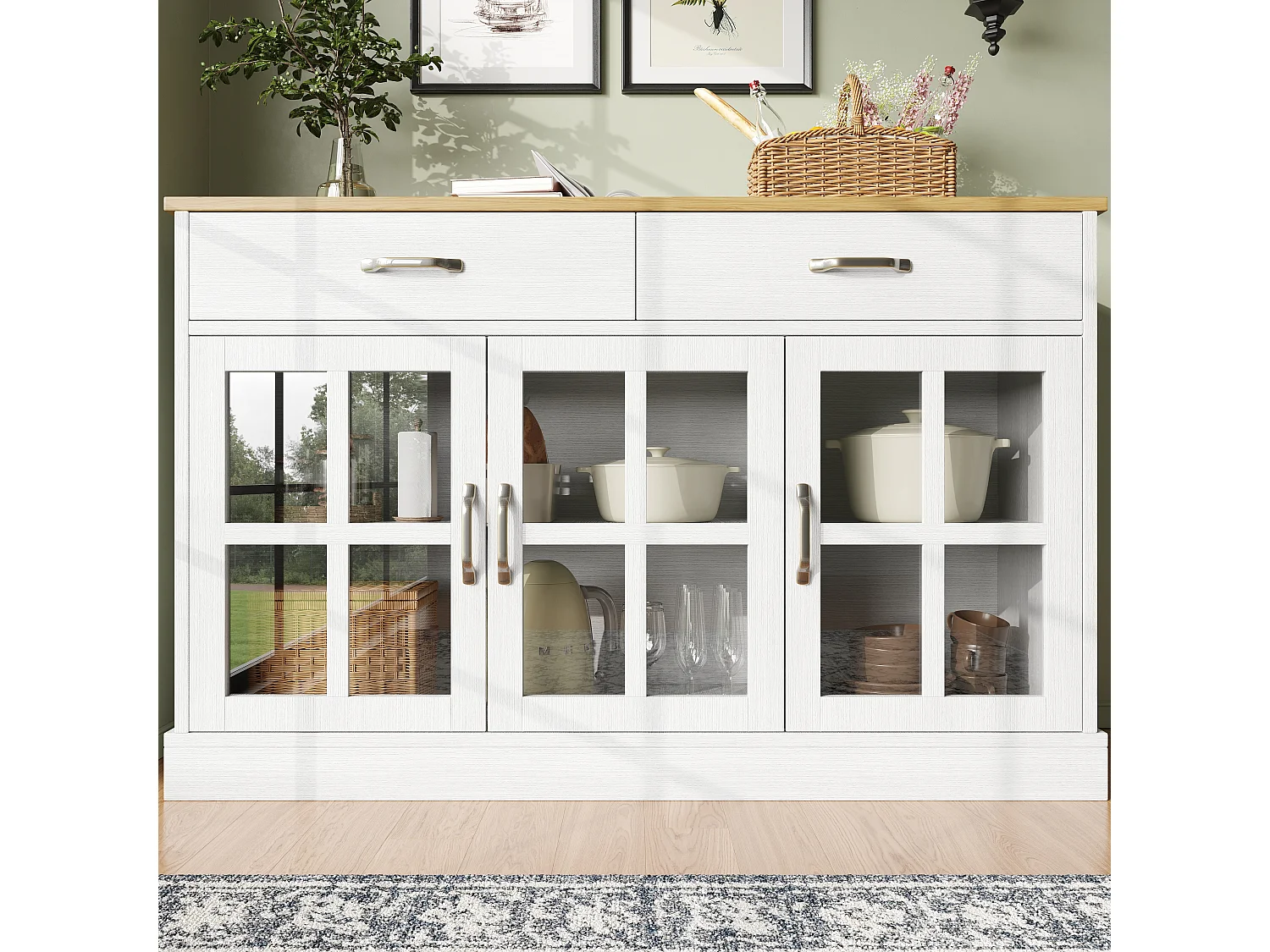 Buffet de cuisine avec 2 tiroirs et 3 portes en verre - 120 x 40 x 84 cm - Bois MDF - Blanc + naturel