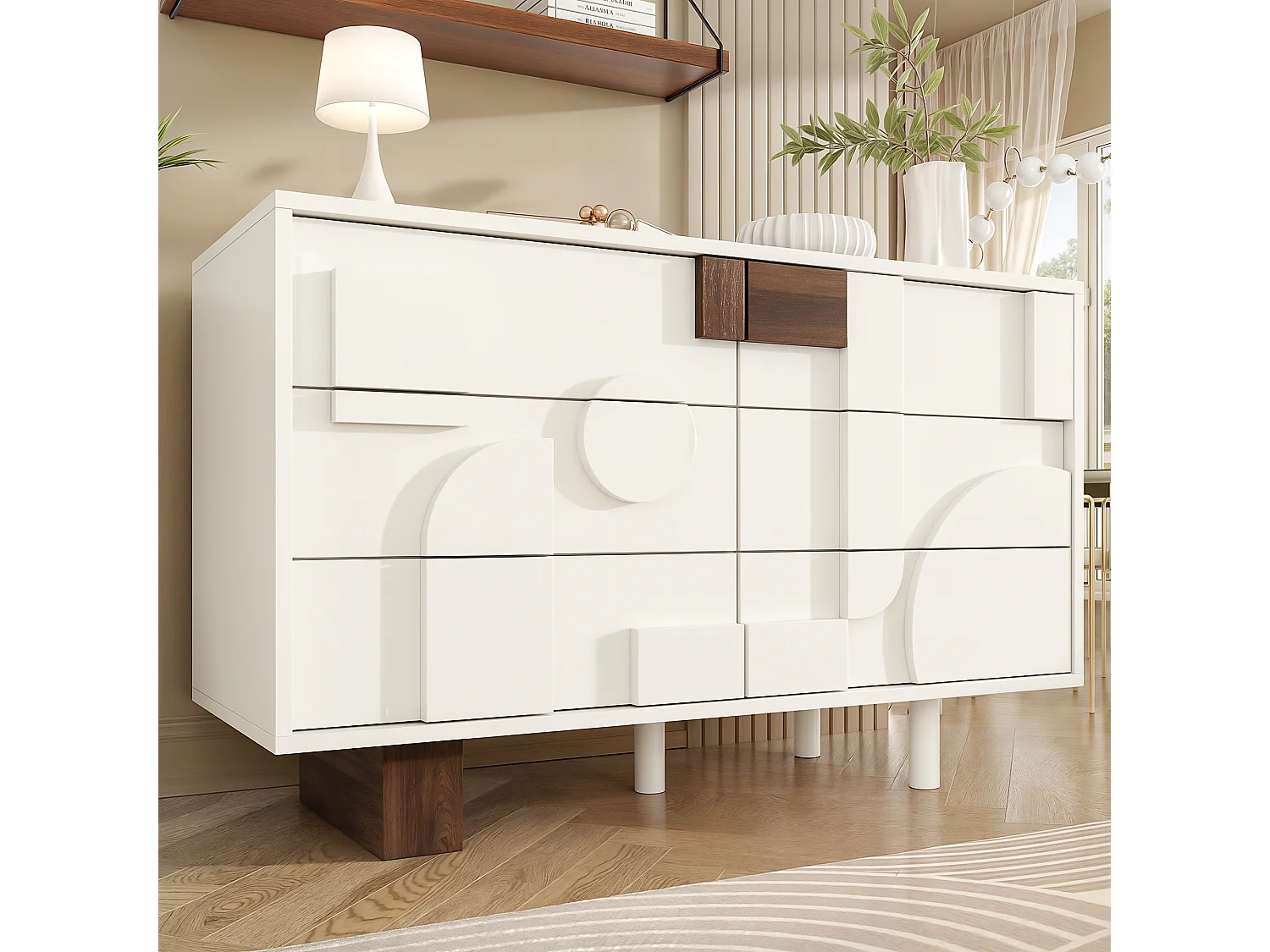Buffet moderne avec 6 tiroirs - 120 x 40 x 75 cm - Design géométrique - MDF et pièds en bois massif - Blanc