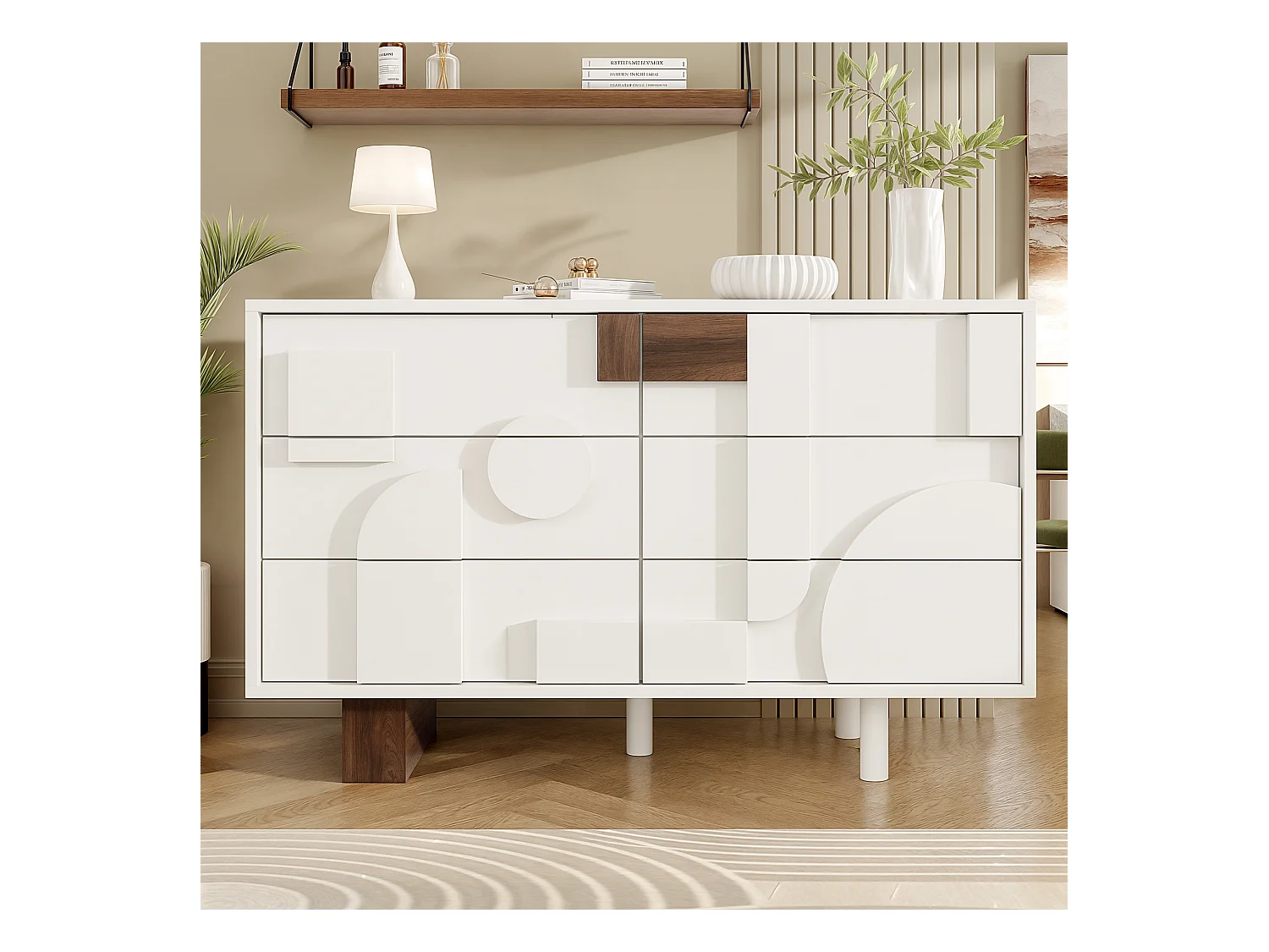 Buffet moderne avec 6 tiroirs - 120 x 40 x 75 cm - Design géométrique - MDF et pièds en bois massif - Blanc