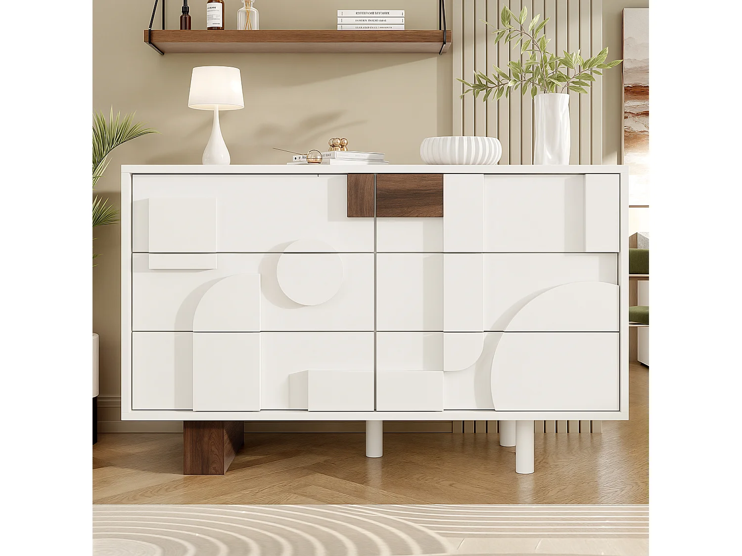 Modern dressoir met 6 lades - 120 x 40 x 75 cm - Geometrisch design - MDF en massief houten poten - Wit