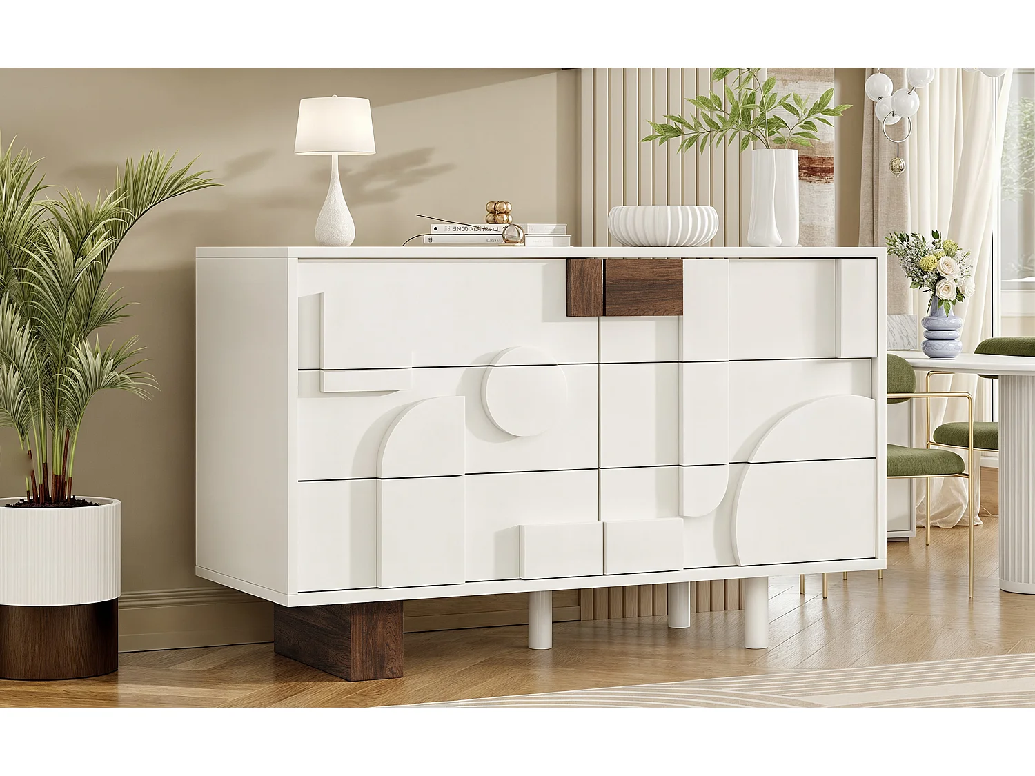 Modern dressoir met 6 lades - 120 x 40 x 75 cm - Geometrisch design - MDF en massief houten poten - Wit