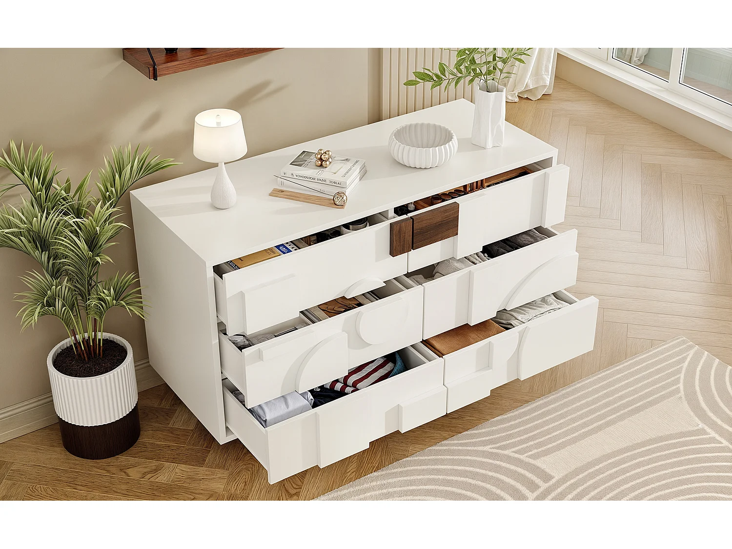 Modern dressoir met 6 lades - 120 x 40 x 75 cm - Geometrisch design - MDF en massief houten poten - Wit