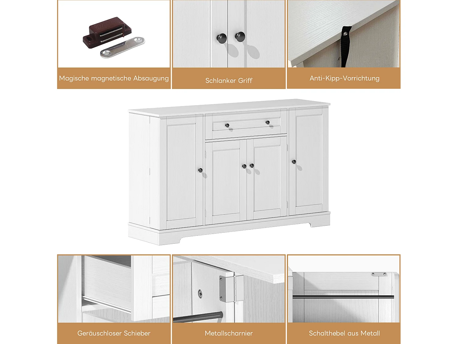 Küchen-Sideboard mit 4 Türen und 1 Schublade - 138 x 40 x 85 cm - MDF-Holz - Verstellbare Regale - Weiß