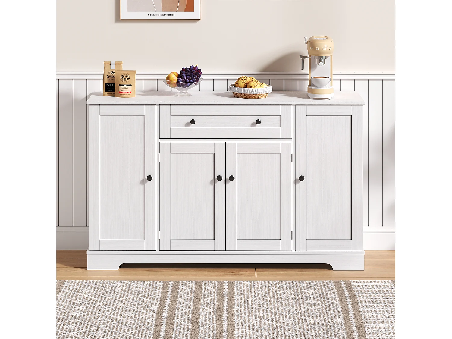 Küchen-Sideboard mit 4 Türen und 1 Schublade - 138 x 40 x 85 cm - MDF-Holz - Verstellbare Regale - Weiß