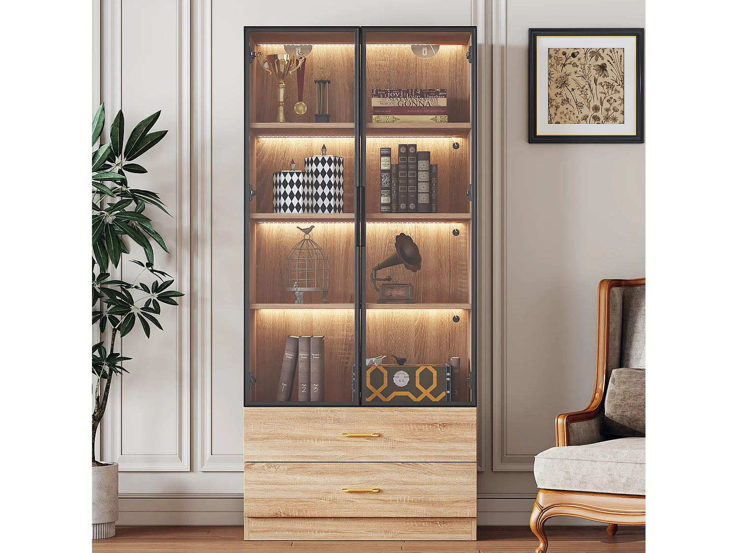 Vetrina, credenza alta con 2 cassetti e 2 ante in vetro - 75 X 34,5 X 170 cm - Legno MDF - Marrone