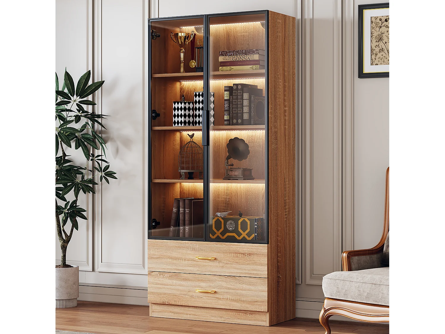 Vetrina, credenza alta con 2 cassetti e 2 ante in vetro - 75 X 34,5 X 170 cm - Legno MDF - Marrone