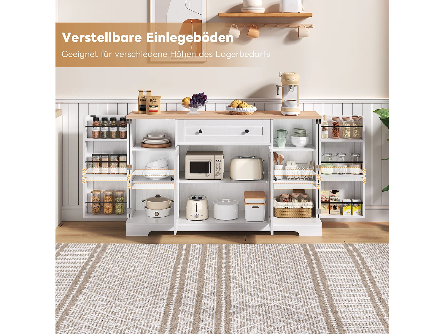 Buffet de cuisine avec 4 portes et 1 tiroir - 138 x 40 x 85 cm - Bois MDF - Tablettes réglables - Naturel + blanc