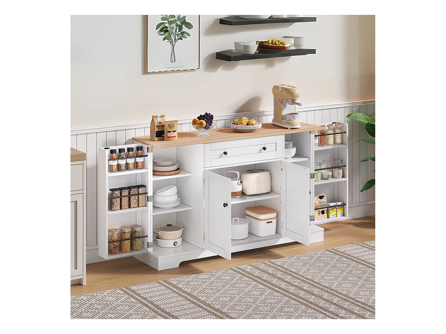Buffet de cuisine avec 4 portes et 1 tiroir - 138 x 40 x 85 cm - Bois MDF - Tablettes réglables - Naturel + blanc