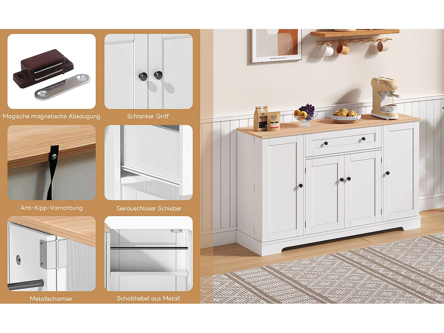 Buffet de cuisine avec 4 portes et 1 tiroir - 138 x 40 x 85 cm - Bois MDF - Tablettes réglables - Naturel + blanc