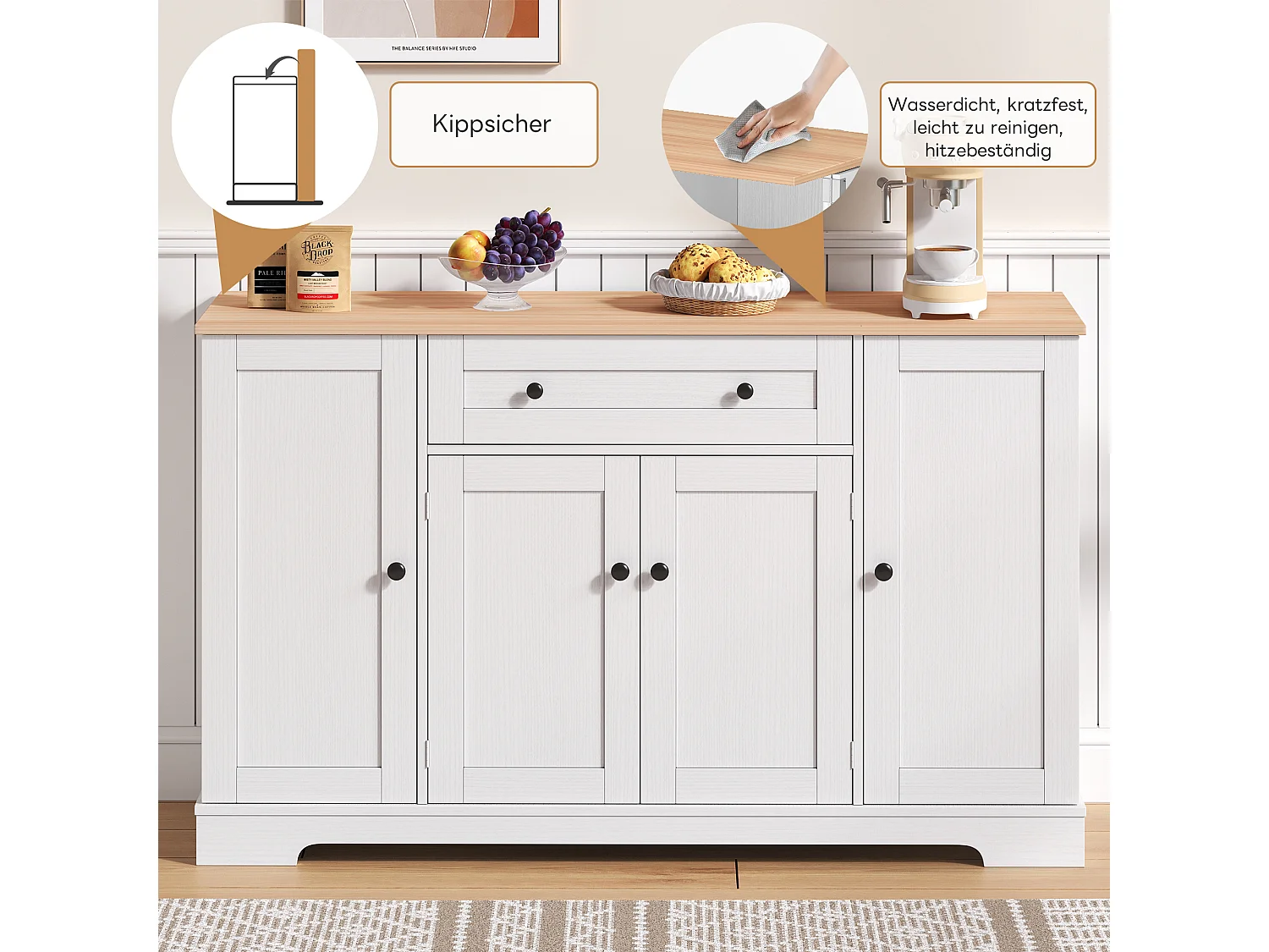 Buffet de cuisine avec 4 portes et 1 tiroir - 138 x 40 x 85 cm - Bois MDF - Tablettes réglables - Naturel + blanc