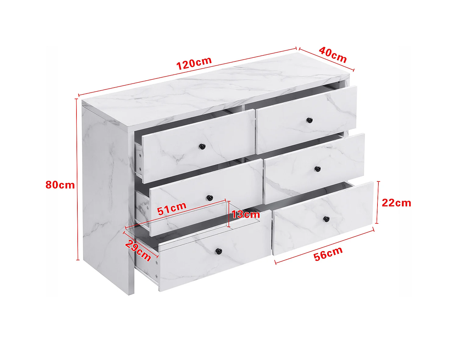 Buffet avec 6 tiroirs - 120 x 40 x 80 cm - Aspect marbre - Panneau de particules et poignée en bois noir - Blanc