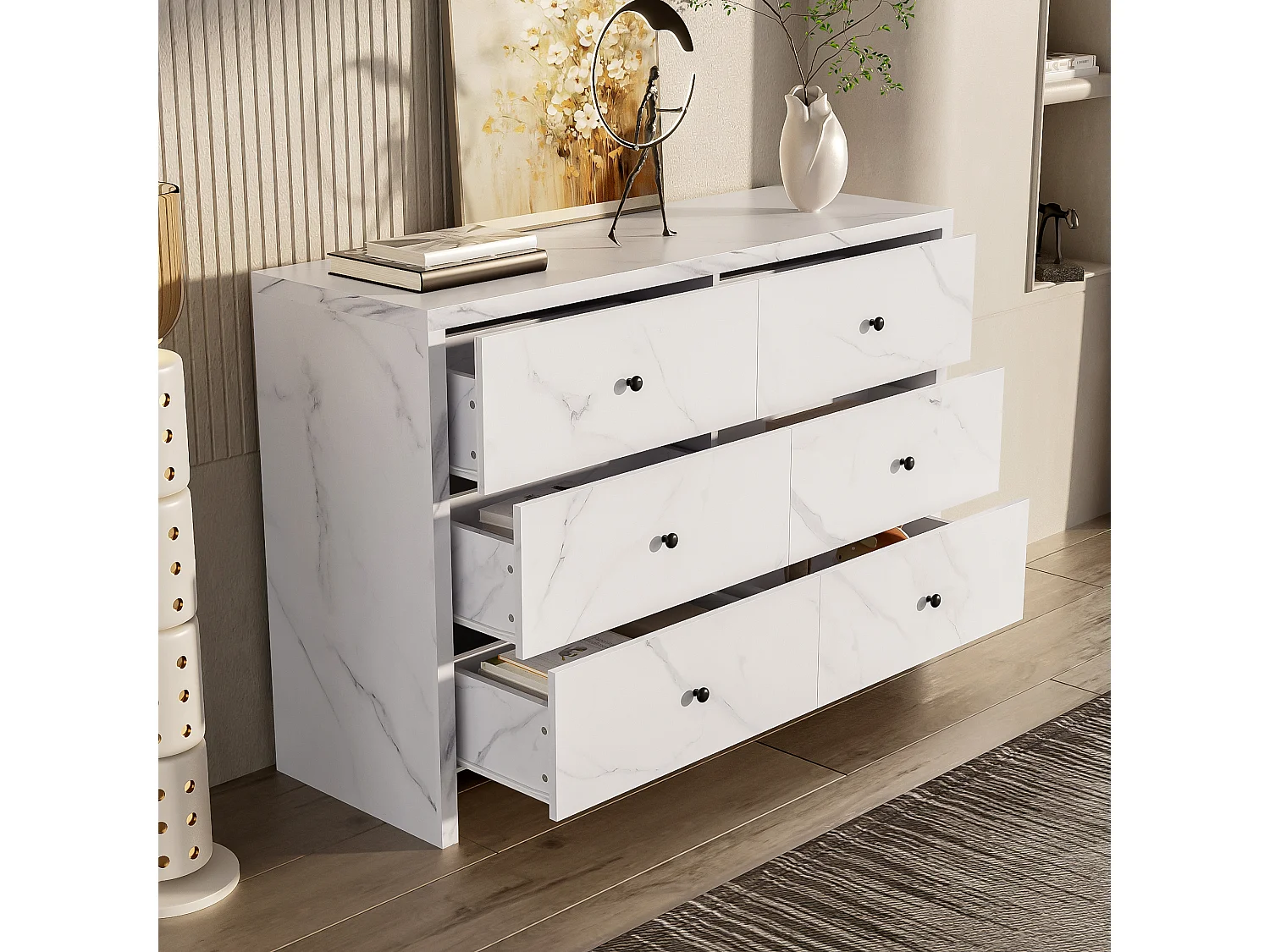 Buffet avec 6 tiroirs - 120 x 40 x 80 cm - Aspect marbre - Panneau de particules et poignée en bois noir - Blanc