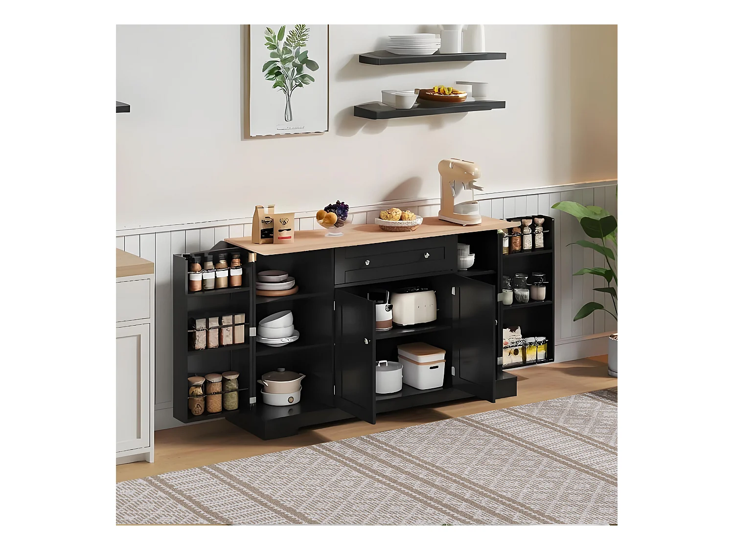 Buffet de cuisine avec 4 portes et 1 tiroir - 138 x 40 x 85 cm - Bois MDF - Tablettes réglables - Noir + naturel