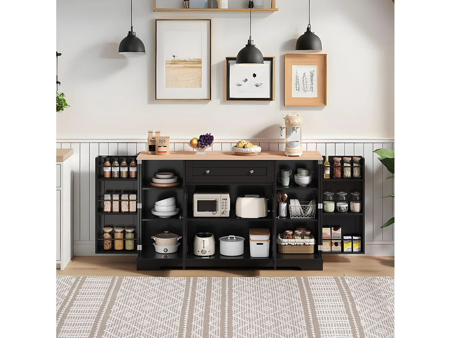 Buffet de cuisine avec 4 portes et 1 tiroir - 138 x 40 x 85 cm - Bois MDF - Tablettes réglables - Noir + naturel