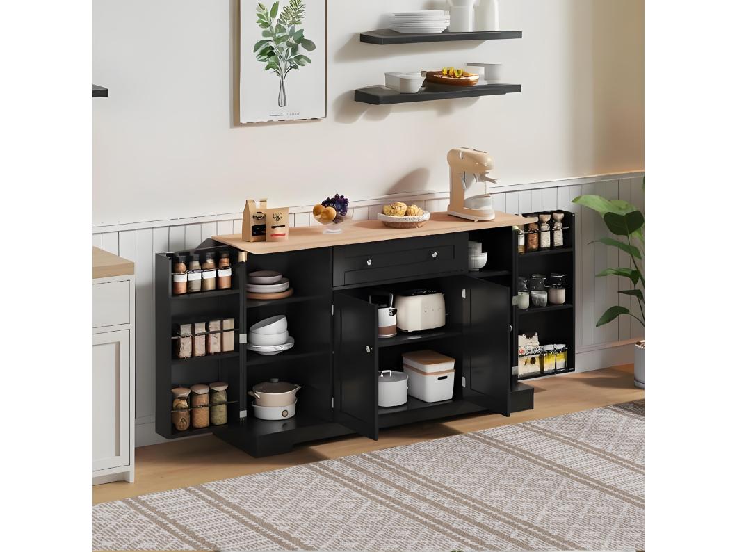 Keuken dressoir met 4 deuren en 1 lade - 138 x 40 x 85 cm - MDF hout - Verstelbare planken - Zwart + naturel