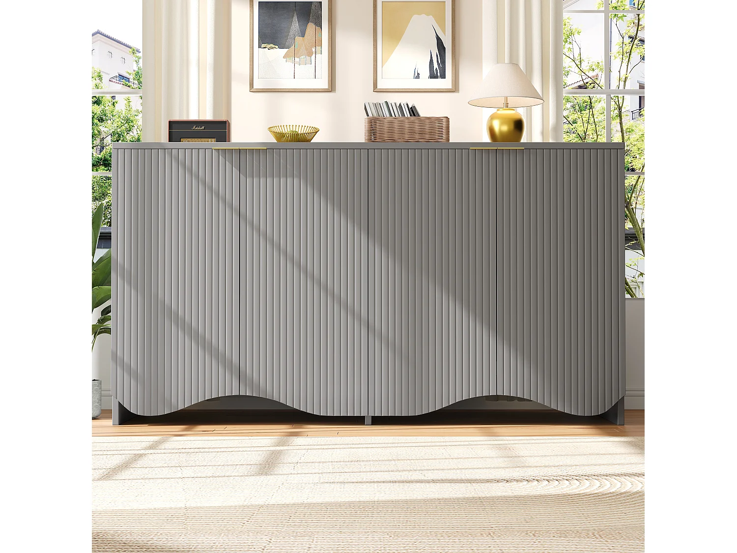 Buffet avec 4 portes - 140 x 40 x 85 cm - MDF + métal - pour salle à manger et salon - Gris